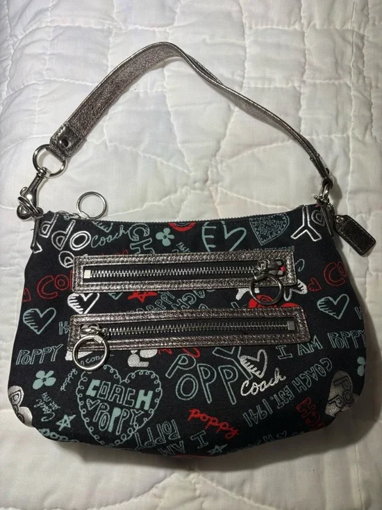 Coach Black Poppy Print Shoulder Bag or Wristlet with Metallic Trim - Picture 1 of 16